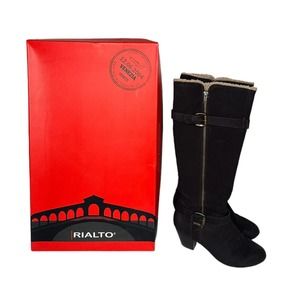 Rialto Cassie Brown Faux Sherpa Lined Tall Riding Boots Buckles Zippers Size 7.5